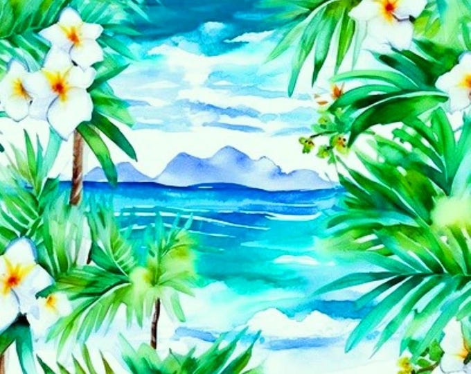 Watercolor Tropical Island Beach Plumeria Flowers Hawaii Fabric Quilt Square Panel Palm Trees Mountains Turquoise Ocean Water