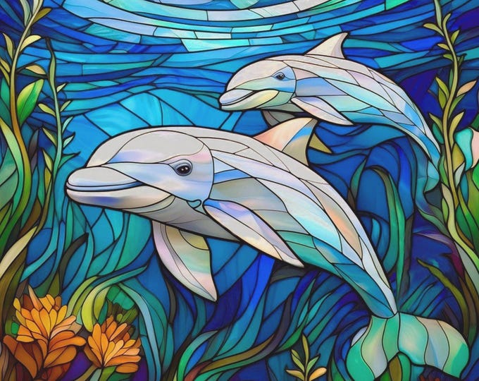Stained Glass Dolphins Swimming Under the Sea Fabric Quilt Block Square Beach Coastline Fractured Watercolor Panel