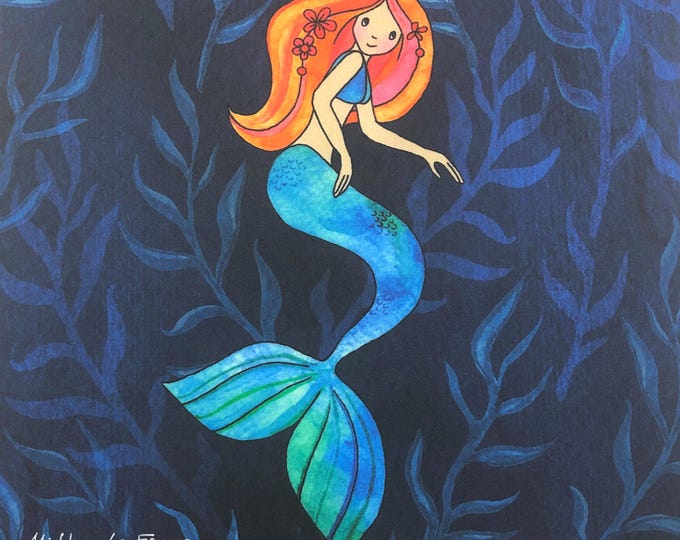 Girls Watercolor Mermaid Redhead Fabric Quilt Block Square Tropical Ocean