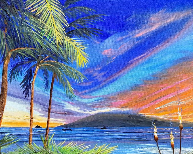 Beach Luau Watercolor Sunset Fabric Panel Lahaina Maui Palm Trees Lana'i Island Tiki Torches Ocean Quilt Block Square Hawaii