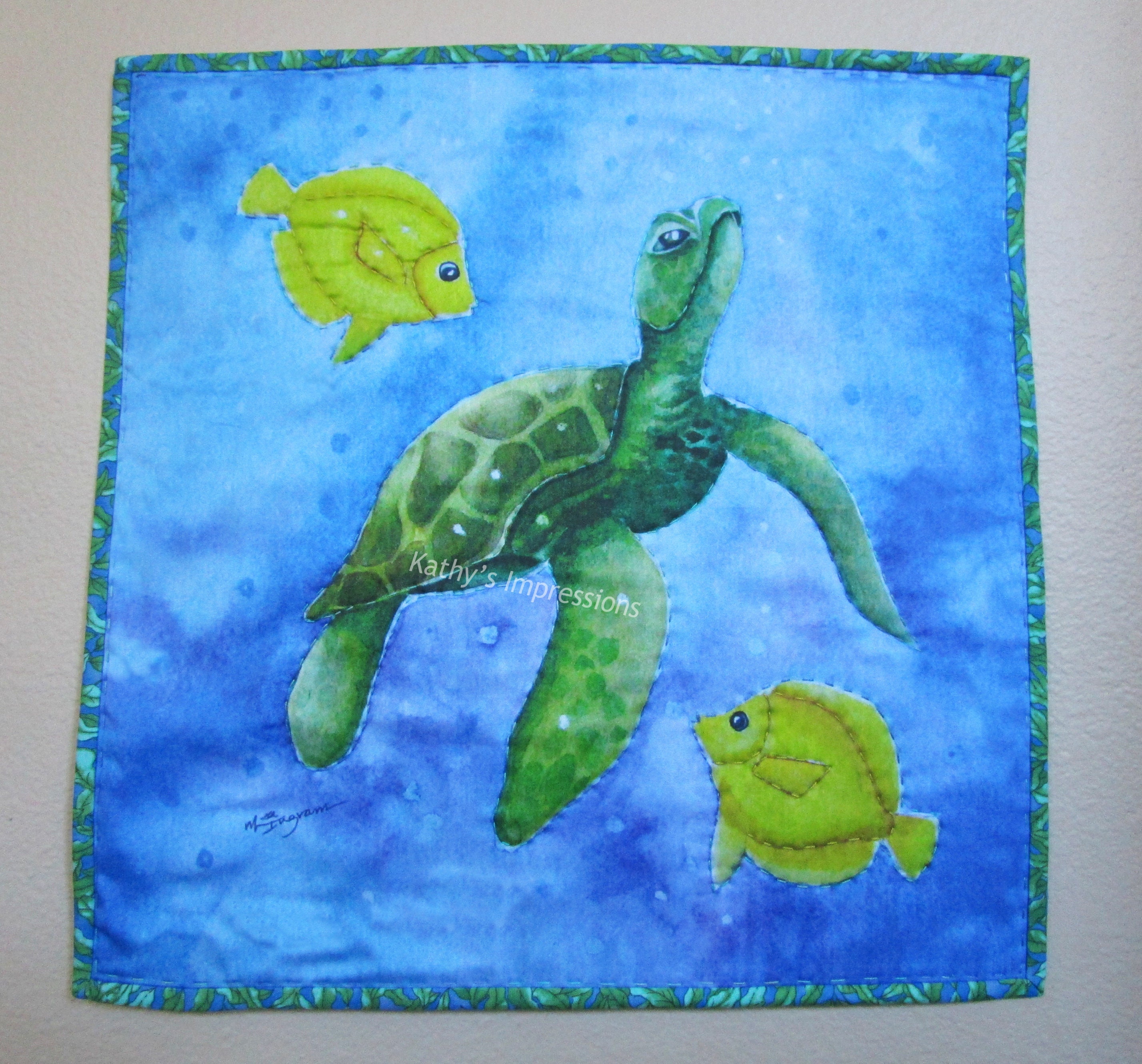 SEA TURTLE Fabric Art Quilt Wall Hanging Big Stitch Hand Quilted Sea