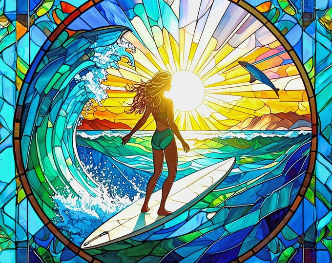 Stained Glass Surfer Girl Ocean Wave Sunrise Dolphin Fabric Quilt Block Beach Coastal Panel