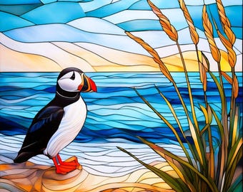Stained Glass Puffin Seabird Sand Dune Beach Grass Fabric Quilt Block Square North Atlantic Pacific Alaska Maine Canada Watercolor Panel