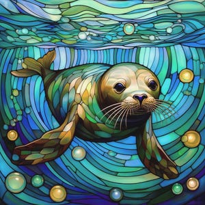 Stained Glass Sea Lion Swimming Under the Sea Fabric Quilt Block Square Seal Ocean Water Bubbles Beach Watercolor Panel