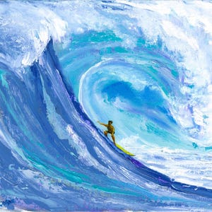 May include: An oil painting on canvas depicting a large, textured ocean wave in shades of deep blue, turquoise, and white. A small figure on a yellow surfboard rides the face of the wave. The artist's signature, Diane, is visible in the bottom left corner.