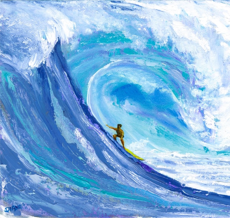 May include: An oil painting on canvas depicting a large, textured ocean wave in shades of deep blue, turquoise, and white. A small figure on a yellow surfboard rides the face of the wave. The artist's signature, Diane, is visible in the bottom left corner.