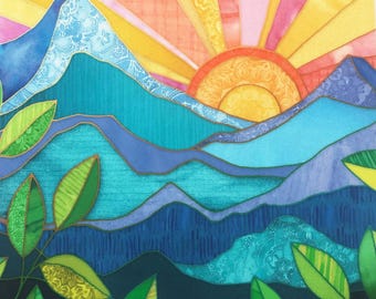 Stained Glass Fabric Panel Mountain Sunrise in Paradise Quilting Cotton Yardage Landscape Print Sunset Hawaii Rocky Appalachian Quilt Block