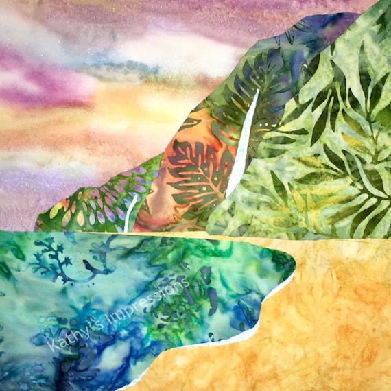 HANALEI BAY Kauai Fabric Quilt Square Cool Blue Green Batik North Shore Hawaii