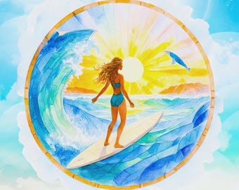 Stained Glass Surfer Girl Ocean Wave Sunrise Dolphin Fabric Quilt Block Beach Coastal Panel