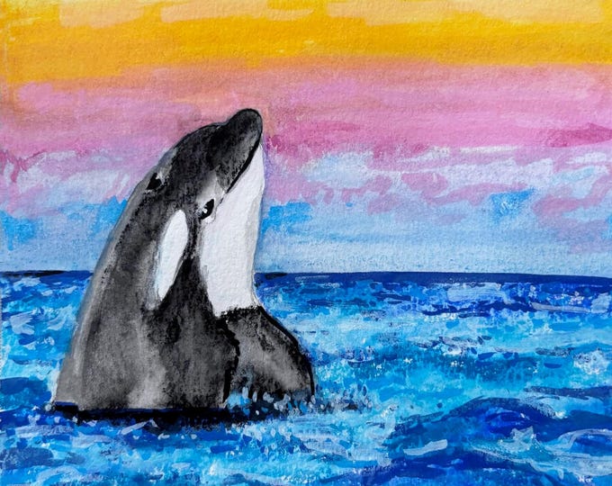 Orca Whale Ocean Sunset Painterly Fabric Quilt Block Beach Panel