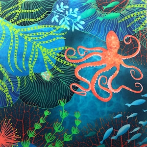 Octopus Under the Sea Fabric Quilt Block Turquoise Ocean Fish Sea Anemone Coral Reef Grass Coastal Beach Square Panel