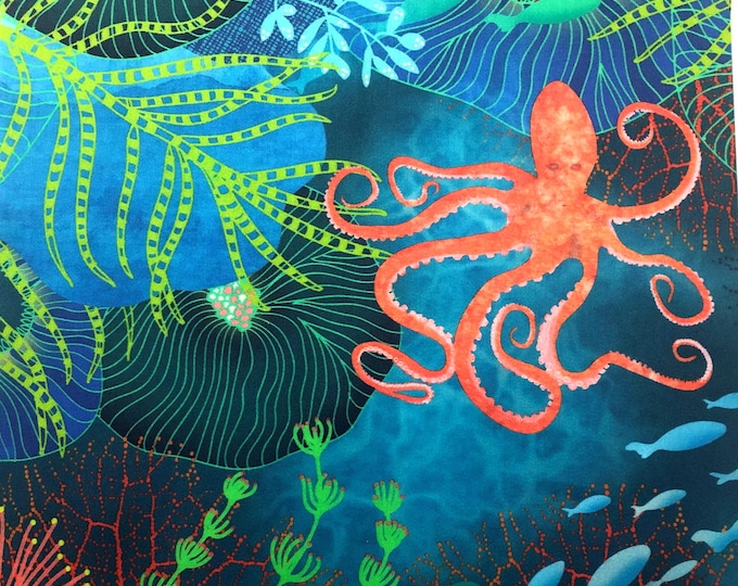 Octopus Under the Sea Fabric Quilt Block Turquoise Ocean Fish Sea Anemone Coral Reef Grass Coastal Beach Square Panel