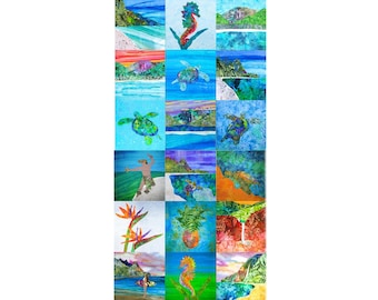 Tropical Beach Quilt Block Fabric Hawaiian Square Cotton Sateen Quilter Textile Project Beaches Ocean Quilting Surfer Sea Life Turtle