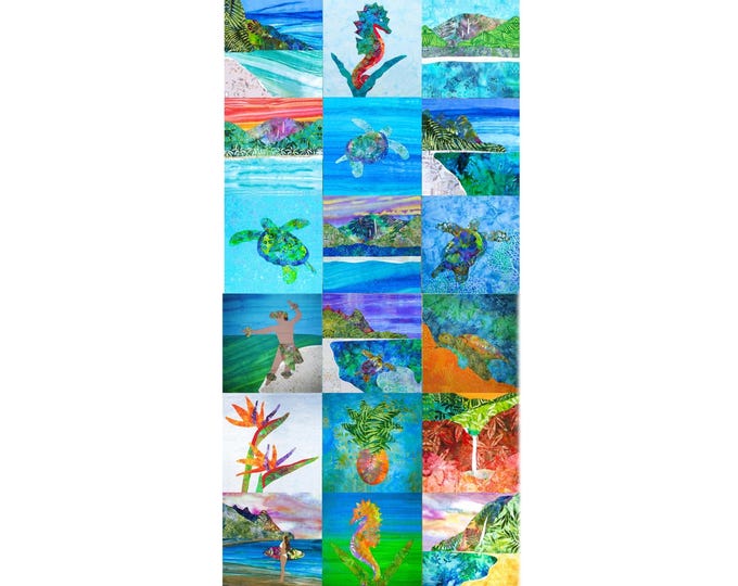 Tropical Beach Quilt Block Fabric Hawaiian Square Cotton Sateen Quilter Textile Project Beaches Ocean Quilting Surfer Sea Life Turtle