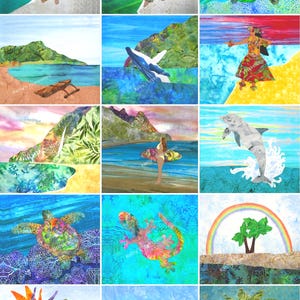 May include: A collage of fifteen fabric art panels featuring tropical Hawaiian themes including hula dancers, sea turtles, whales, dolphins, a gecko, palm trees, a coconut, and bird of paradise flowers, all marked with the text Kathy's Impressions.