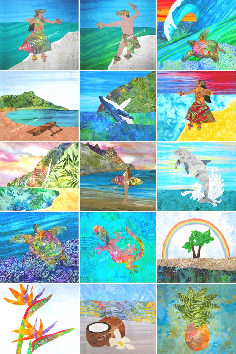 May include: A collage of fifteen fabric art panels featuring tropical Hawaiian themes including hula dancers, sea turtles, whales, dolphins, a gecko, palm trees, a coconut, and bird of paradise flowers, all marked with the text Kathy's Impressions.