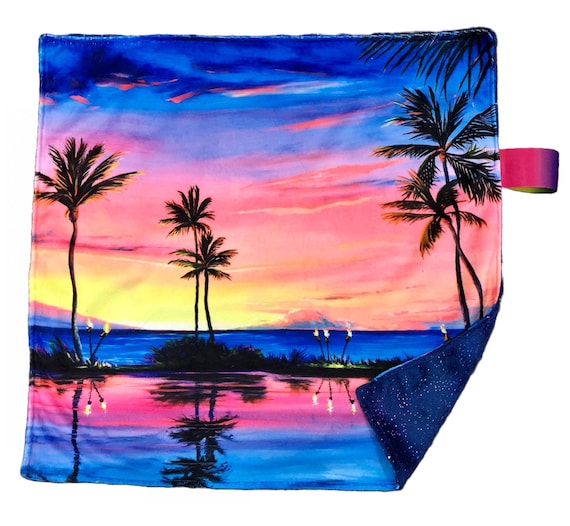 Tropical Beach Sunset Palm Trees Tiki Torches Fabric Quilt Block