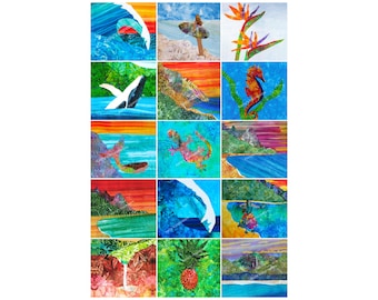 Original Hawaii Ana Quilt Wholecloth Fabric Panel Designs Tropical Beach Hawaiian Uncut Square Set Surfer Mermaid Hula Dancer Ocean Wave