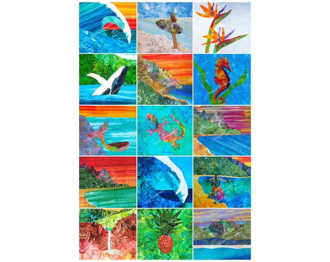 Original Hawaii Ana Quilt Wholecloth Fabric Panel Designs Tropical Beach Hawaiian Uncut Square Set Surfer Mermaid Hula Dancer Ocean Wave