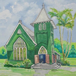 Hanalei Church Fabric Quilt Panel Kauai Palm Trees Green Tropical Paradise Hawaii Square Landmark
