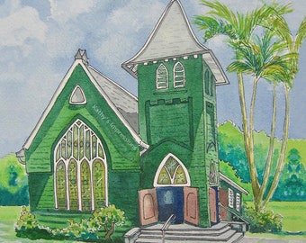 HANALEI CHURCH Fabric Quilt Panel Kauai Palm Trees Green Tropical Paradise Hawaii Square Landmark