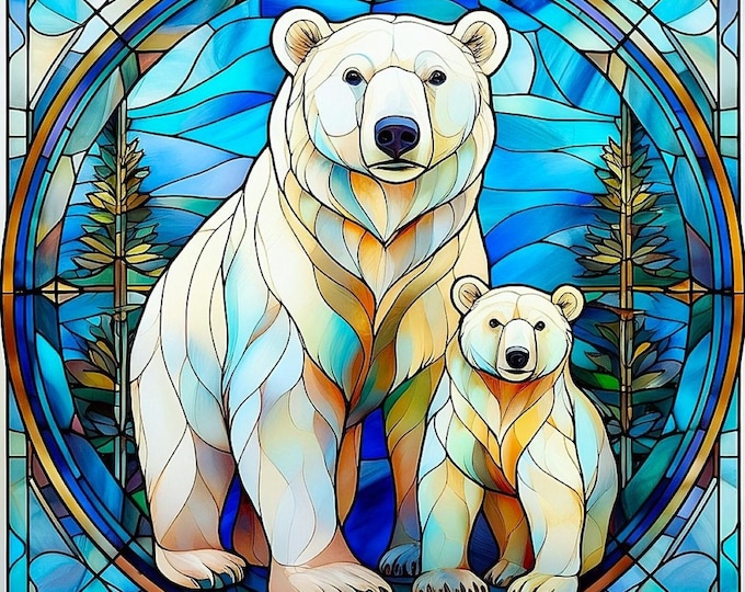 Stained Glass Polar Bear Fabric Quilt Block Square Watercolor Mama & Baby Wildlife Nature Panel