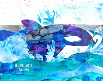 Playful Orca Whale Splashing Fabric Quilt Block Ocean Coastal Tropical Alcohol Ink Watercolor Panel