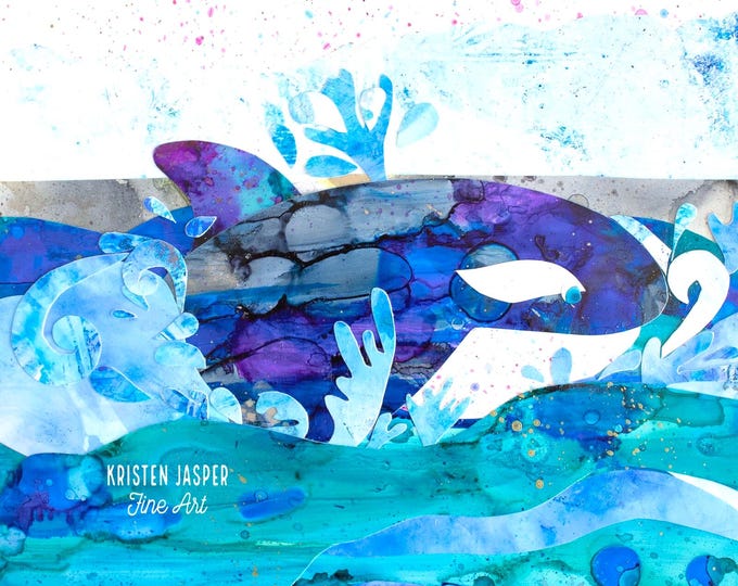 Playful Orca Whale Splashing Fabric Quilt Block Ocean Coastal Tropical Alcohol Ink Watercolor Panel