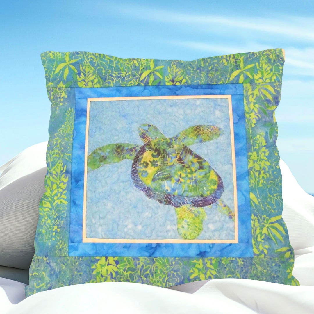Sea Turtle Quilted Pillow Cover Coastal Beach Green Blue Hawaiian Batik ...