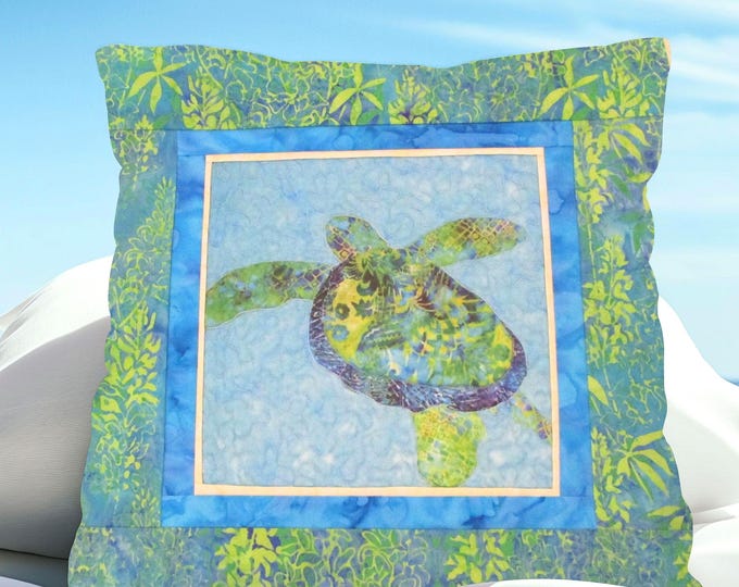 Sea Turtle Quilted Pillow Cover Hawaiian Honu Coastal Beach Green Blue Batik Fabric ~ Fits 18" Insert