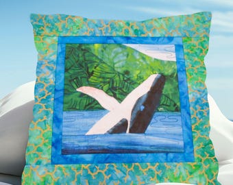 Humpback Whale Quilted Pillow Cover Coastal Ocean Beach Batik Green Blue Hawaii Alaska California ~ Fits 18" Insert