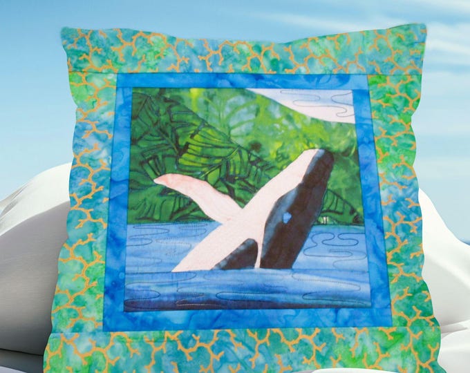Humpback Whale Quilted Pillow Cover Coastal Ocean Beach Batik Green Blue Hawaii Alaska California ~ Fits 18" Insert