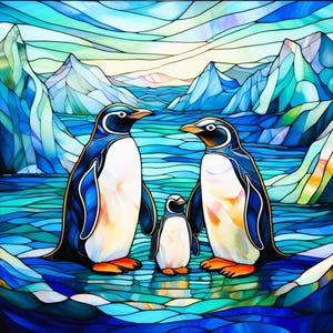 Penguin Fabric Panel Stained Glass Watercolor Artwork Emperor Antarctica Scene Quilt Block Square Under Sea Ice Wildlife Ocean Bird Icebergs