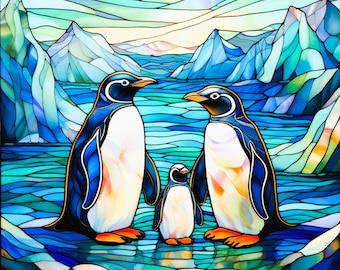 Penguin Fabric Panel Stained Glass Watercolor Artwork Emperor Antarctica Scene Quilt Block Square Under Sea Ice Wildlife Ocean Bird Icebergs