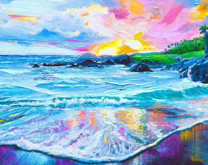 Maui Ocean Sunrise Black Sand Beach Road to Hana Fabric Quilt Square Block Watercolor Reflections Hawaii