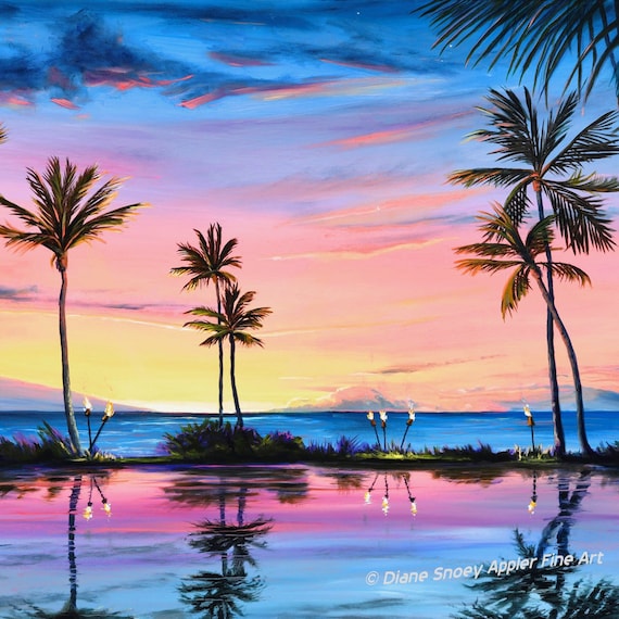 Tropical Beach Sunset Palm Trees Tiki Torches Fabric Quilt Block