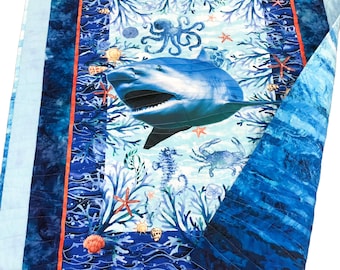 Boys Handmade Coastal Shark Under Sea Beach Reversible Baby Quilt Crib Toddler Lap Throw