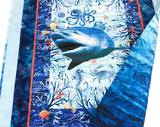 Boys Coastal Shark Under Sea Beach Reversible Baby Quilt Kids Lap Throw Wall Art