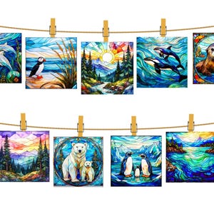 Fabric Panel Polar Bear Wildlife Art Stained Glass Nature Design Mama Baby Quilt Block Organic Cotton Square Nursery Wall Hanging Perfect Baby Shower Gift Beautiful Fractured Pattern Craft Project Animal Artwork