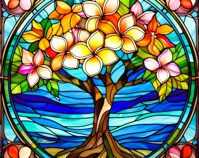 Stained Glass Plumeria Flower Tree Pink Yellow Fabric Quilt Block Square Tropical Beach Ocean Waves Hawaii Watercolor Panel