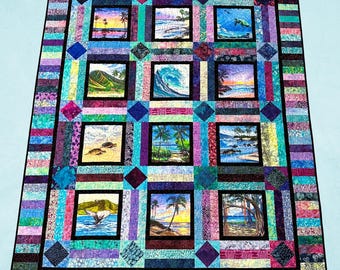Tropical Beach Sunset Palm Trees Tiki Torches Fabric Quilt Block