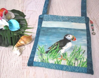 Hibiscus Plumeria Tropical Flowers Shoulder Bag~ Tropical Puffin Bird on Beach Purse~ Puffin Bird Beach Floral iPad Bag