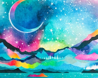 Watercolor Stars Night Sky Fabric Quilt Block Aurora Borealis Moon Mountains Ocean Constellations Panel
