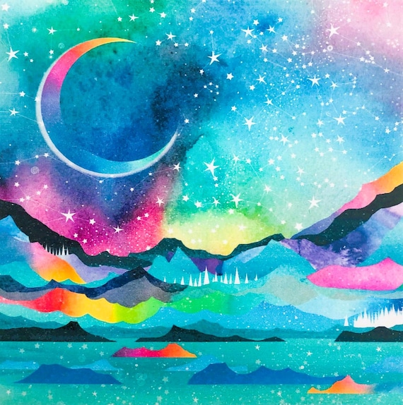 Watercolor Stars Night Sky Fabric Quilt Block Aurora Borealis Moon Mountains Ocean Constellations Panel