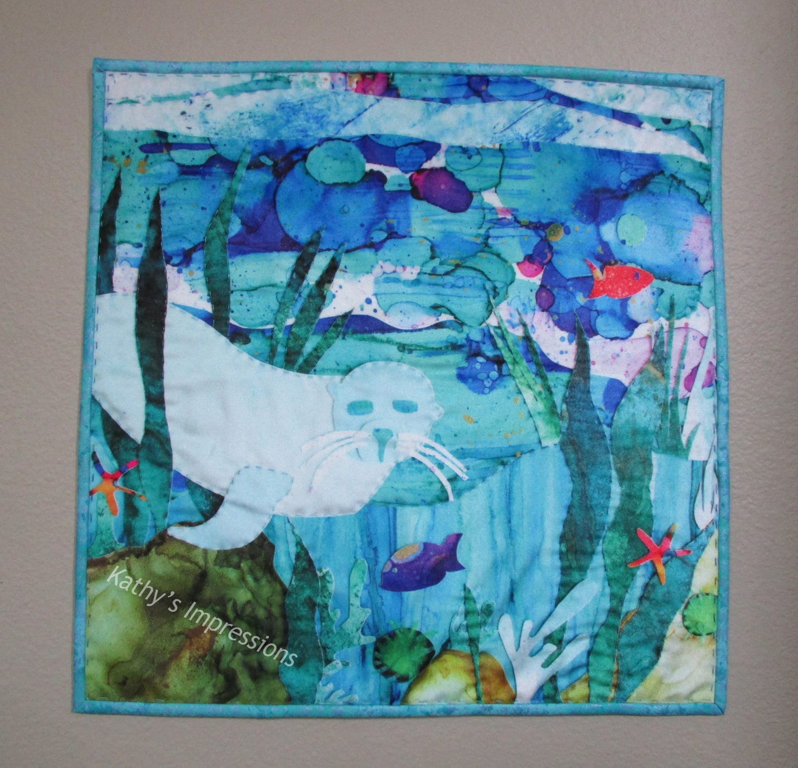 SEAL Under the Sea Fabric Art Quilt Velvet Wall Hanging Alcohol Ink