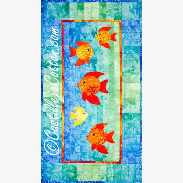 Tropical Fish Quilt Pattern Pieced Fusible Applique~ Which Way Fish Swimming Ocean Quilt Pattern 14.5" x 26"~ Digital .PDF to Download Print
