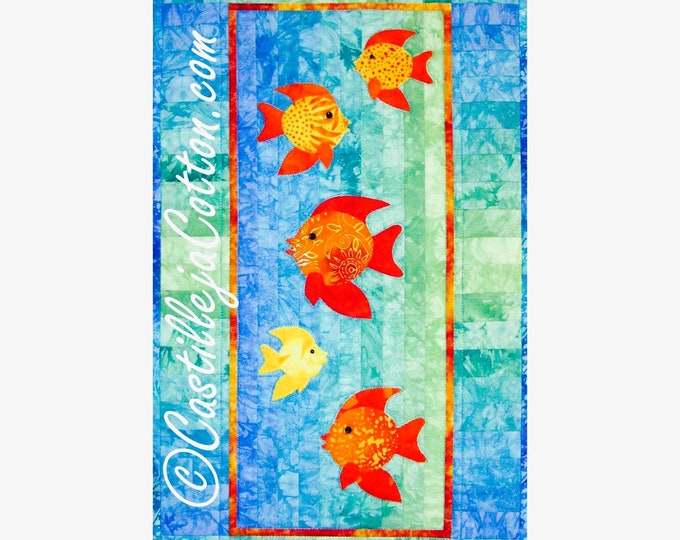 Tropical Fish Quilt Pattern Pieced Fusible Applique~ Which Way Fish Swimming Ocean Quilt Pattern 14.5" x 26"~ Digital .PDF to Download Print