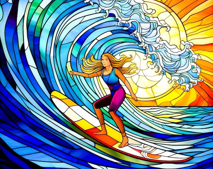 Stained Glass Surfer Girl Ocean Waves Surfboard Sun Beach Babe Surfing Fabric Quilt Block Square