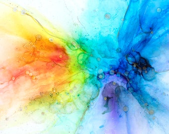 Alcohol Ink Watercolor RAINBOW Fabric Quilt Panel FQ~ Rainbow Water Coastal Fabric Seaside Tropical Beach Fat Quarter