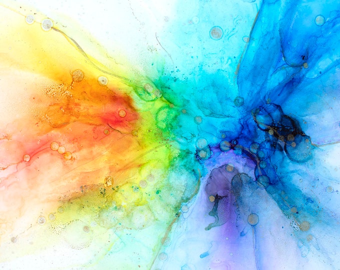 Alcohol Ink Watercolor RAINBOW Fabric Quilt Panel FQ~ Rainbow Water Coastal Fabric Seaside Tropical Beach Fat Quarter